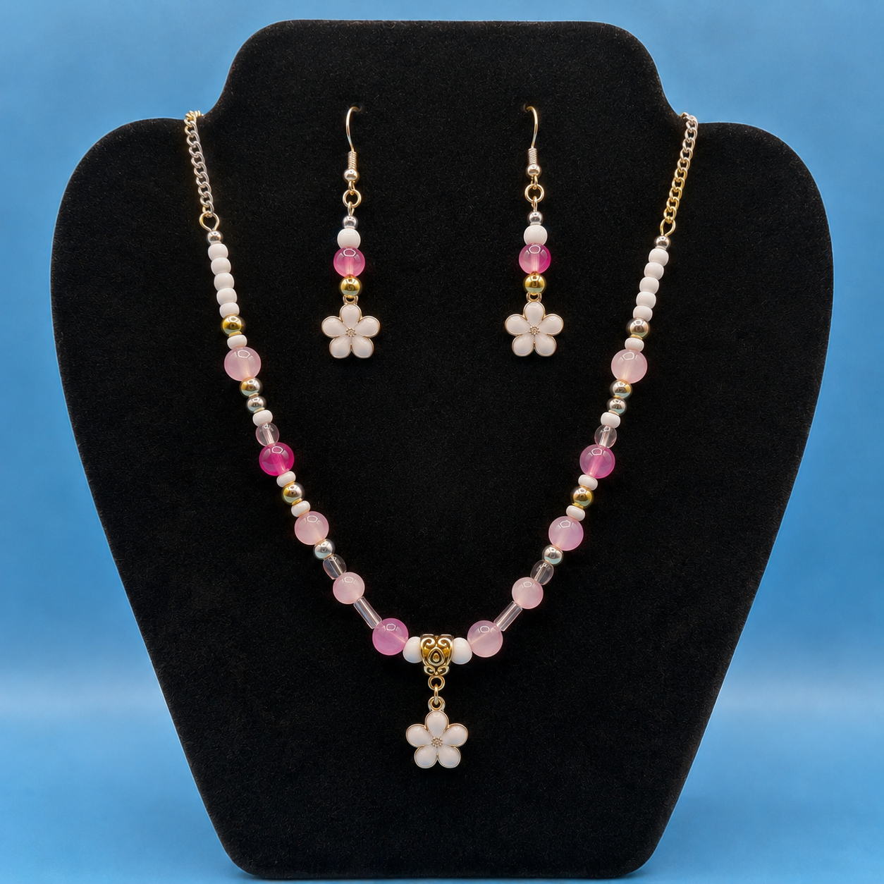 Pink Flower Beaded Jewelry Set