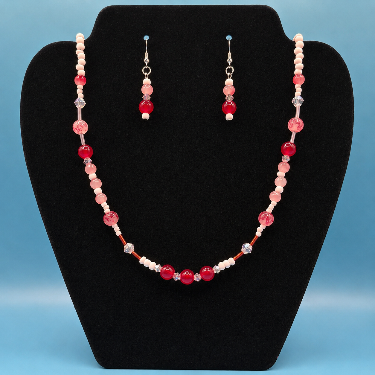 Pink Red Beaded Necklace Earrings Set