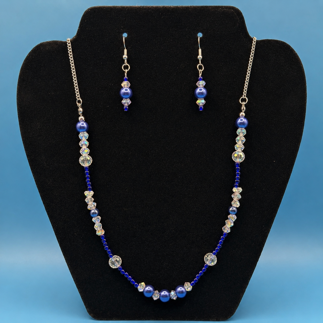 Royal Blue Crystal Beaded Necklace Earrings Set