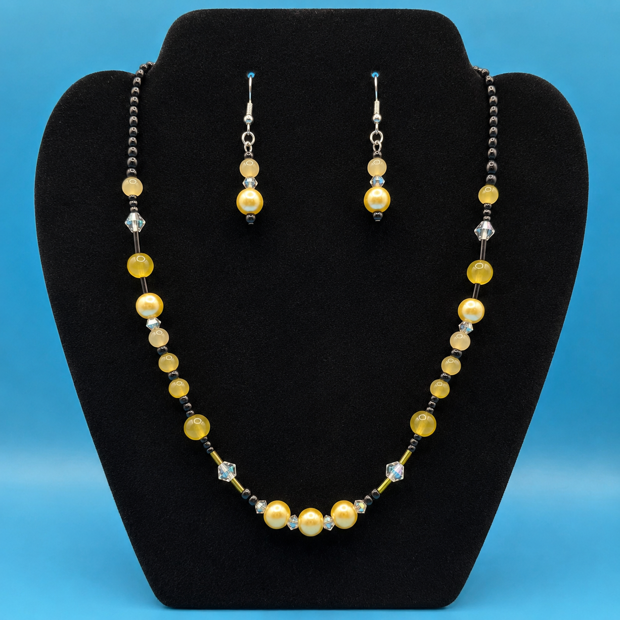 Black Yellow Beaded Necklace Earrings Set