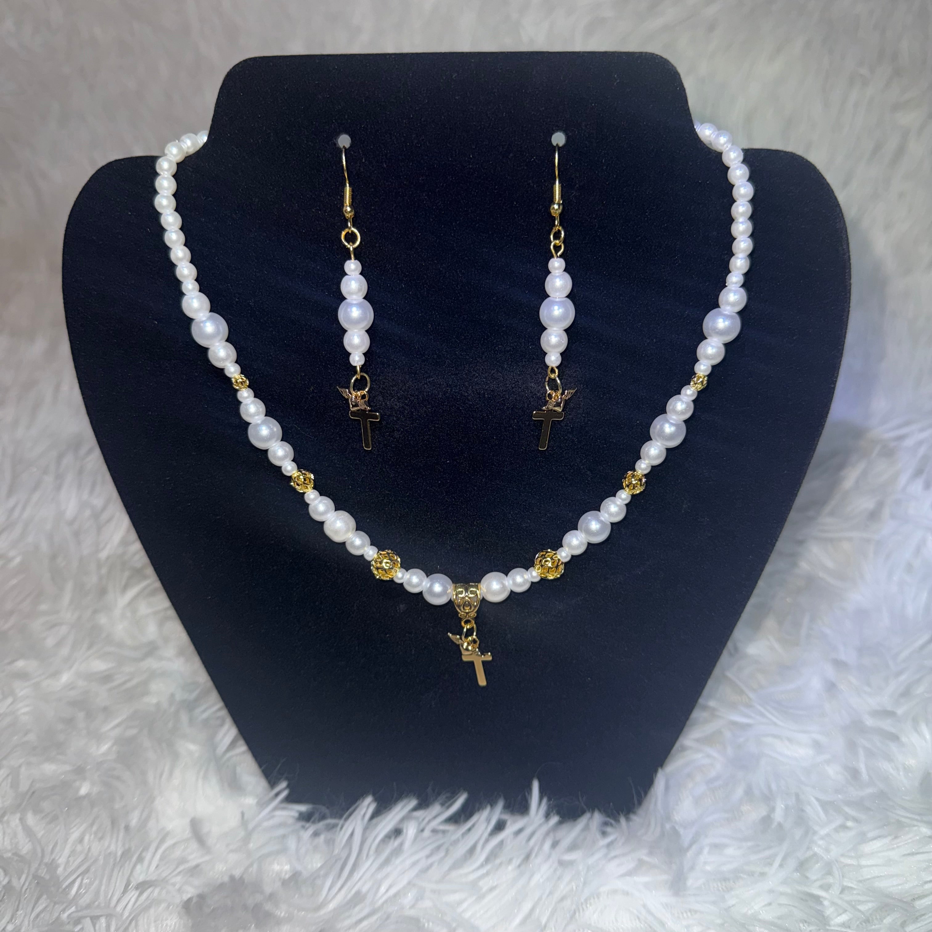 Pearl Cross Necklace and Earrings Set